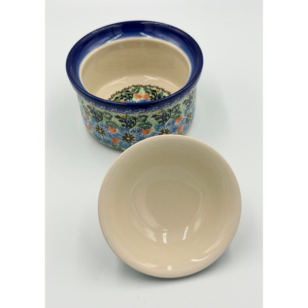 Unikat Polish Pottery E. Karbownik 6' Lidded Bowl Blue Wreath Jar - Picture 7 of 8